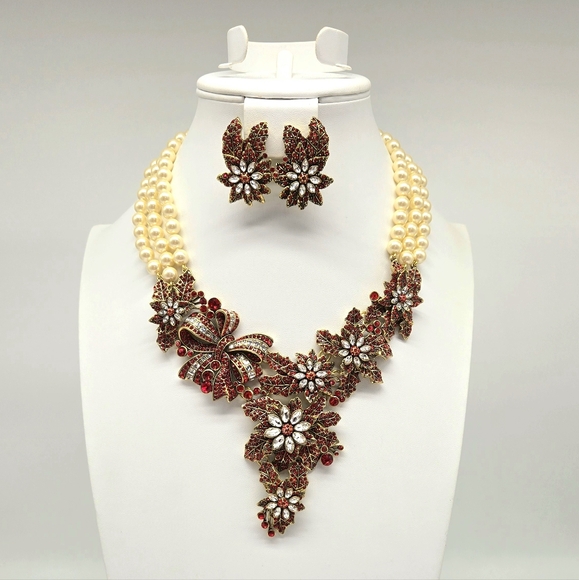 Heidi Daus Red Swarovski Crystal and Cream Pearl Statement Jewelry Set NIB - Picture 1 of 12